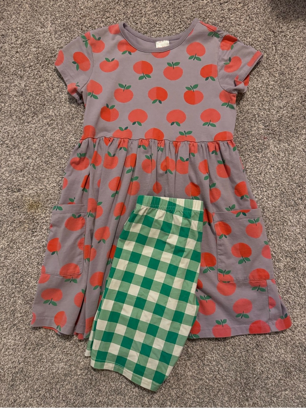 Hanna Andersson Lavender dress with Orange Peach Print and biker shorts